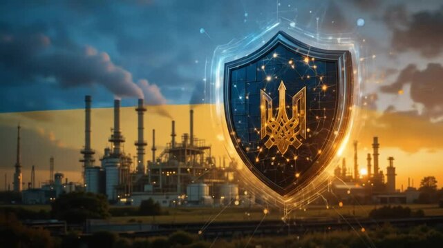 The shields surrounding industrial facilities symbolize the protection of critical infrastructure. 4k video