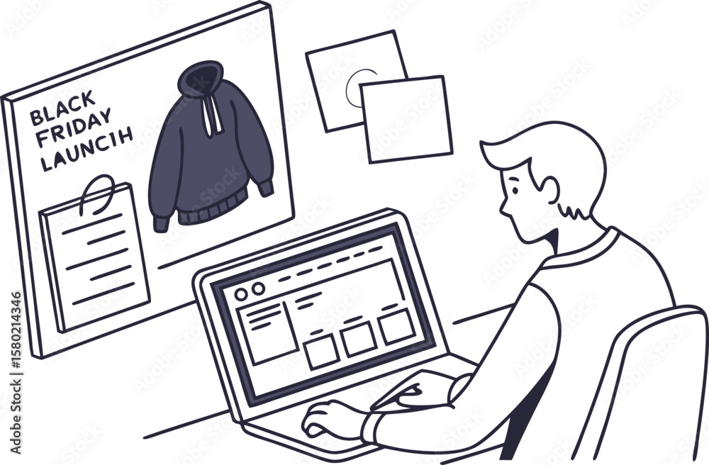 Fototapete Young man working on a laptop promoting a black friday launch of a new hoodie with a presentation screen displaying product details and graphics