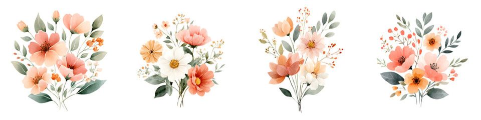 Obraz premium Watercolor Floral Bouquets Set Isolated on White Background