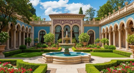 Obraz premium A magnificent Italian Renaissance courtyard with a central fountain and lush gardens