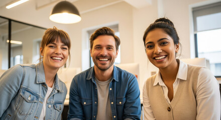 Diverse team members smiling and looking at the camera in a modern office setting