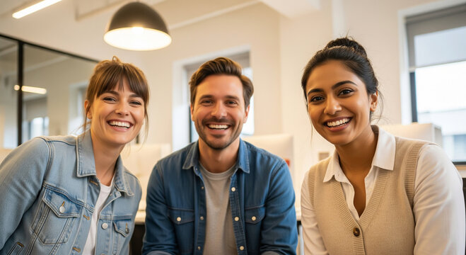 Diverse team members smiling and looking at the camera in a modern office setting