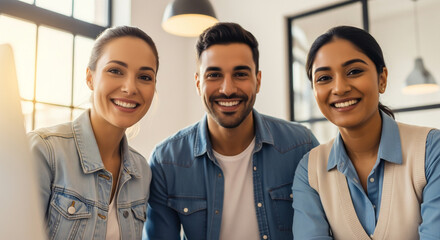 Diverse team of three professionals smiling brightly in a modern office setting