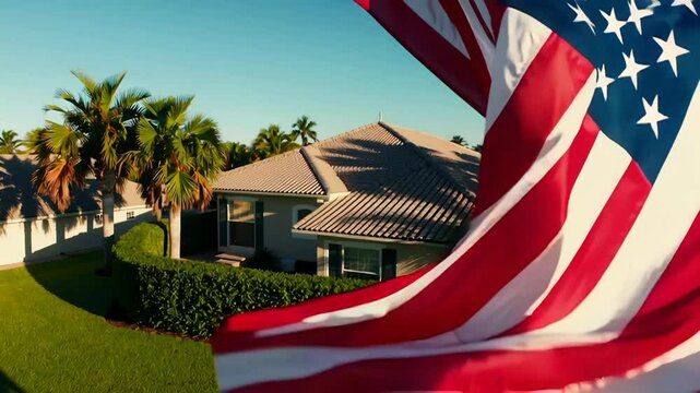 Majestic american flag waves gracefully in front of a serene suburban home. Victory Day USA