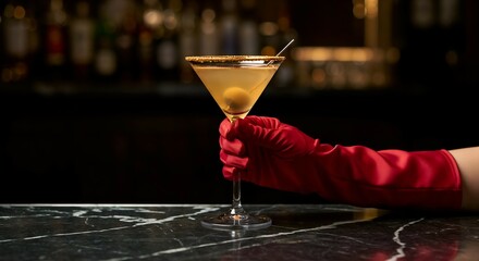 Gloved hand holding cocktail in elegant bar setting with luxurious ambiance