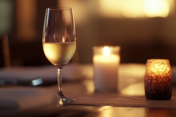 Candlelight and Celebration: A close-up shot captures a delicate glass of wine and burning candles, evoking a sense of warmth, celebration, and quiet elegance.