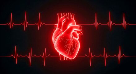 3D glowing red human heart with an EKG heartbeat line. Medical and cardiology concept