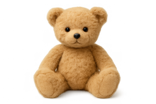 Soft light brown teddy bear resting peacefully, isolated on transparent backdrop, ideal for heartwarming children's graphics and design elements