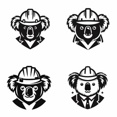 A Koala wear contruction engineer helmet. Silhouette Clipart Line Art Vector Illustration. Marsupial in hard hat builder headgear upon furry australian animal.