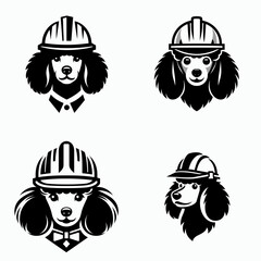 A Poodle Dog wear contruction engineer helmet. Silhouette Clipart Line Art Vector Illustration. Canine in hard hat curly pup doing job site supervision with head protection.