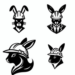 A Rabbit wear contruction engineer helmet. Silhouette Clipart Line Art Vector Illustration. Bunny donning hard hat safety gear on construction worker animal.