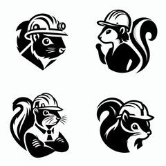 A Squirrel wear contruction engineer helmet. Silhouette Clipart Line Art Vector Illustration. rodent with headgear like builder for industry worker protection.