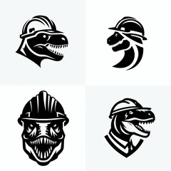 A T rex wear contruction engineer helmet. Silhouette Clipart Line Art Vector Illustration. Large dino with job site head protection builders hard hat on big lizard.
