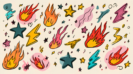 Fire, thunder, star doodle icon. Flame, lightning bolt, star crayon pencil simple scribble set. Hand drawn cartoon hot element. Flash lightning fire star pastel pattern bg. Punk Rock vector background
