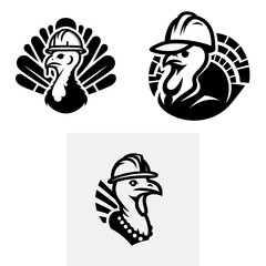A Turkey wear contruction engineer helmet. Silhouette Clipart Line Art Vector Illustration. Fowl donning job site hard hat comical animal at work safety concept.