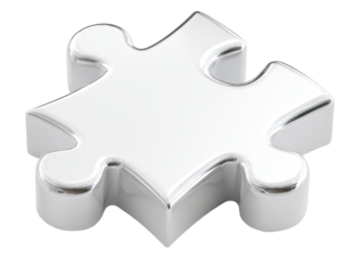 Glossy silver jigsaw piece with shiny surface, isolated on transparent cutout background