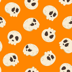 Fototapeta premium Simple skulls seamless pattern. Vector Halloween repeat orange background with white skeletons heads. Funny print for fabric texture, Day of Dead decor, wallpaper, wrapping paper, backdrop.