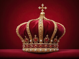 A majestic crown of royal gold set against an opulent velvet red backdrop