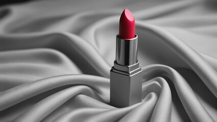 Red lipstick on gray silk.