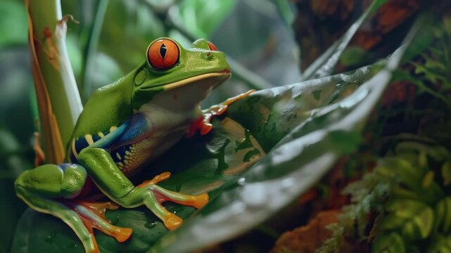 This  features a beautiful, vibrant and colorful red-eyed tree frog (Dendrobates tinctorius) perched on a lush green leaf.