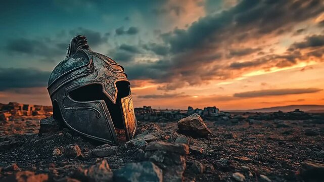 Ancient spartan helmet on a rocky landscape at sunset - Powered by Adobe