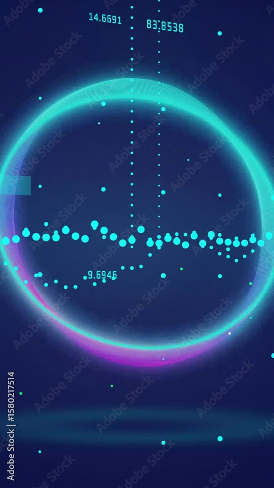 Poster circular glowing ring and data points with numerical values, data visualization animation