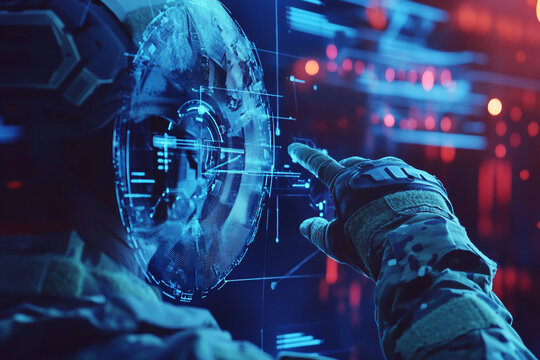 Futuristic soldier aiming through advanced ai hologram interface for military defense control, generative ai