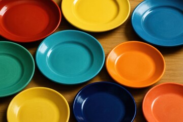 A vibrant array of plates in hues of red, blue, yellow, green, orange, and purple arranged on a wooden surface