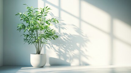 Minimalist Interior Scene with Potted Plants, Sunlight Casting Shadows on Clean White Wall 