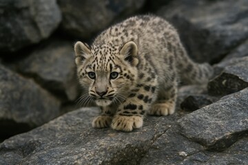 Obraz premium A young snow leopard cub crouches on a rugged rocky terrain, its eyes reflecting curiosity and alertness
