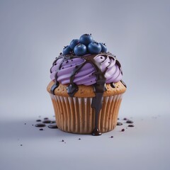 Delicious cupcake topped with purple frosting, blueberries, and a drizzle of chocolate, perfect for desserts.