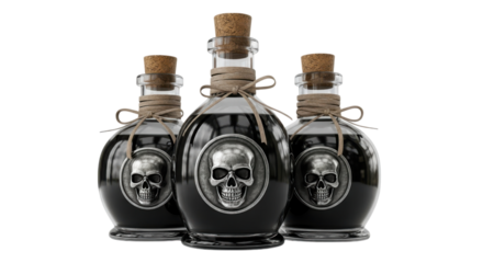 Three antique glass bottles filled with dark liquid and skull emblems isolated on transparent background
