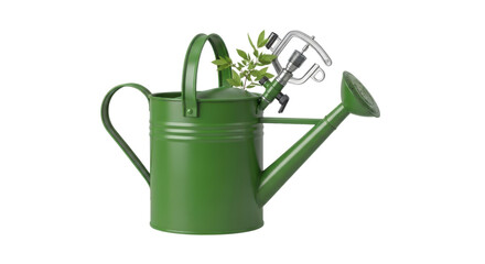 Green watering can with garden sprinkler and leaves isolated on transparent background