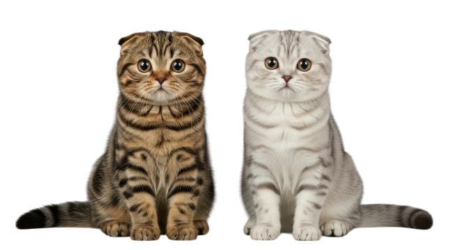 Two adorable scottish fold kittens sitting side by side isolated on transparent background