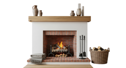 Cozy living room fireplace with burning logs and decorative vases isolated on transparent background