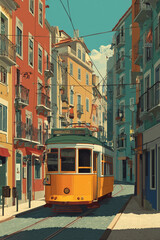 Naklejka premium illustration inspired by postcards and posters from the 70s, Lisbon , typical street with a mythical trolley car. Portugal 