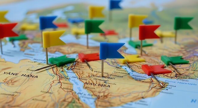 Colorful map pins mark locations on a world map, indicating travel destinations or points of interest.