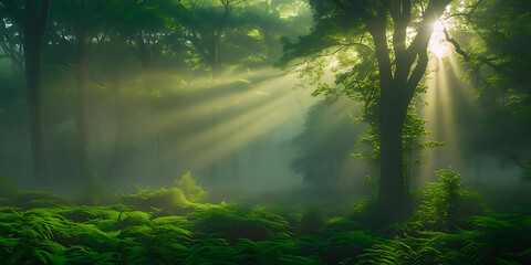 Fototapeta premium Sunbeams Through Misty Forest Ferns