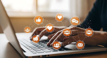 Hands typing on a laptop with social media icons overlaying the screen, representing connection and communication.