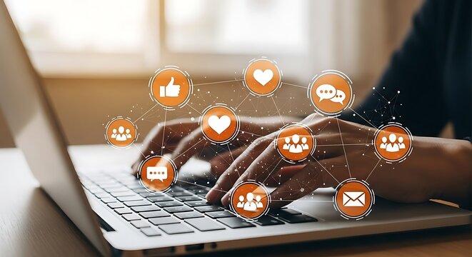 Hands typing on a laptop with social media icons overlaying the screen, representing connection and communication.