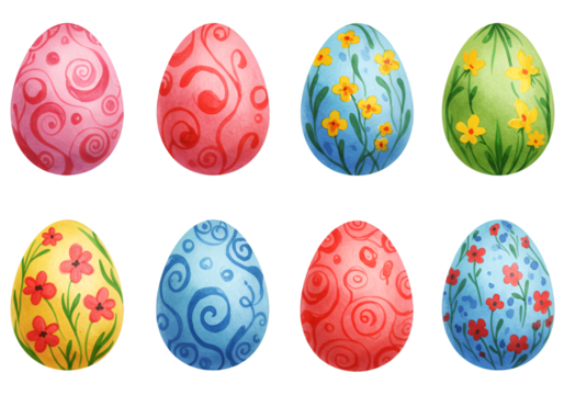 Illustration of Decorated Easter Eggs with Floral Pattern Transparent