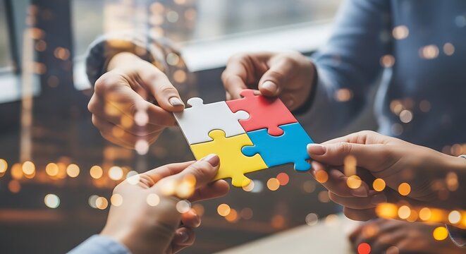 Diverse hands collaboratively assembling colorful puzzle pieces, symbolizing teamwork and problem-solving in a modern setting.