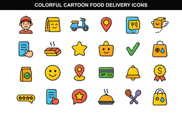 Colorful Cartoon Food Delivery Icons for Kids Apps and Fun Branding