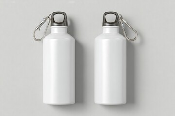 Two blank, white metal water bottles with gray caps and carabiner clips,  top view