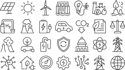 Renewable Energy and Sustainability Line Icons – Solar, Wind, Hydro Power, Electric Vehicles, Hydrogen, CO2 Reduction, and Eco-Friendly Technology Symbols for Clean Energy Concept Design