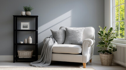 Fototapeta premium Serene Scandinavian Living Room Design with Neutral Furniture, Modern Decor, and Sunlit Shelving Unit, modern living room, interior design, scandinavian home, minimalist decor, neutral sofa, shelving 