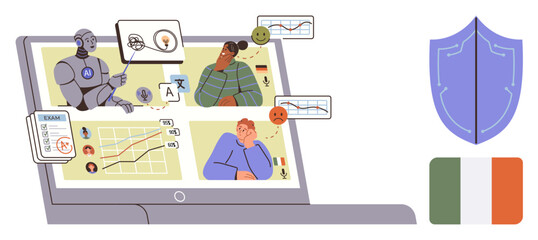 AI robot analyzing user profiles and data on a laptop, graph charts, shield, and Irish flag symbolizing security, compliance, ethics, and assessment. Ideal for technology, data analysis