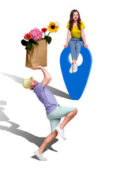 Collage of family young lovers together boyfriend delivery paper package fresh flower address...