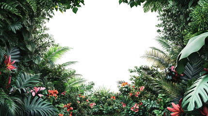 A secluded tropical forest with dense fern trees forming a frame on a transparent background. PNG
