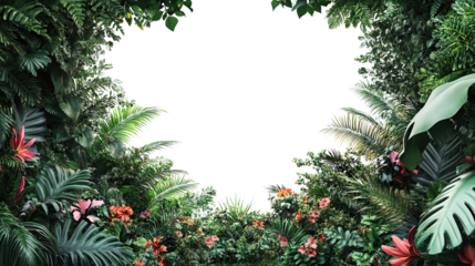 A secluded tropical forest with dense fern trees forming a frame on a transparent background. PNG